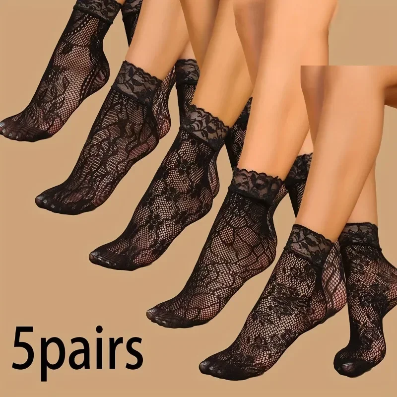 5 Pairs Floral Lace Socks Thin - đánh giá và giá Fishing Net